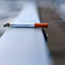 A lit cigarette on a ledge outside.