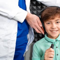 Young boy getting ready for his hearing test